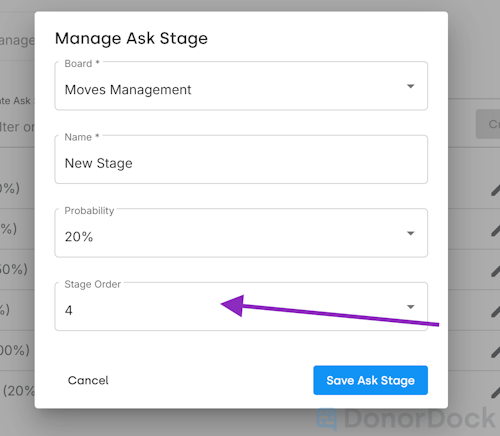 Editing Stage Settings, Board, Stage Name, Probability, and Stage Order