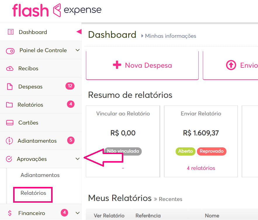 imagem com destaque para o menu de relatórios.