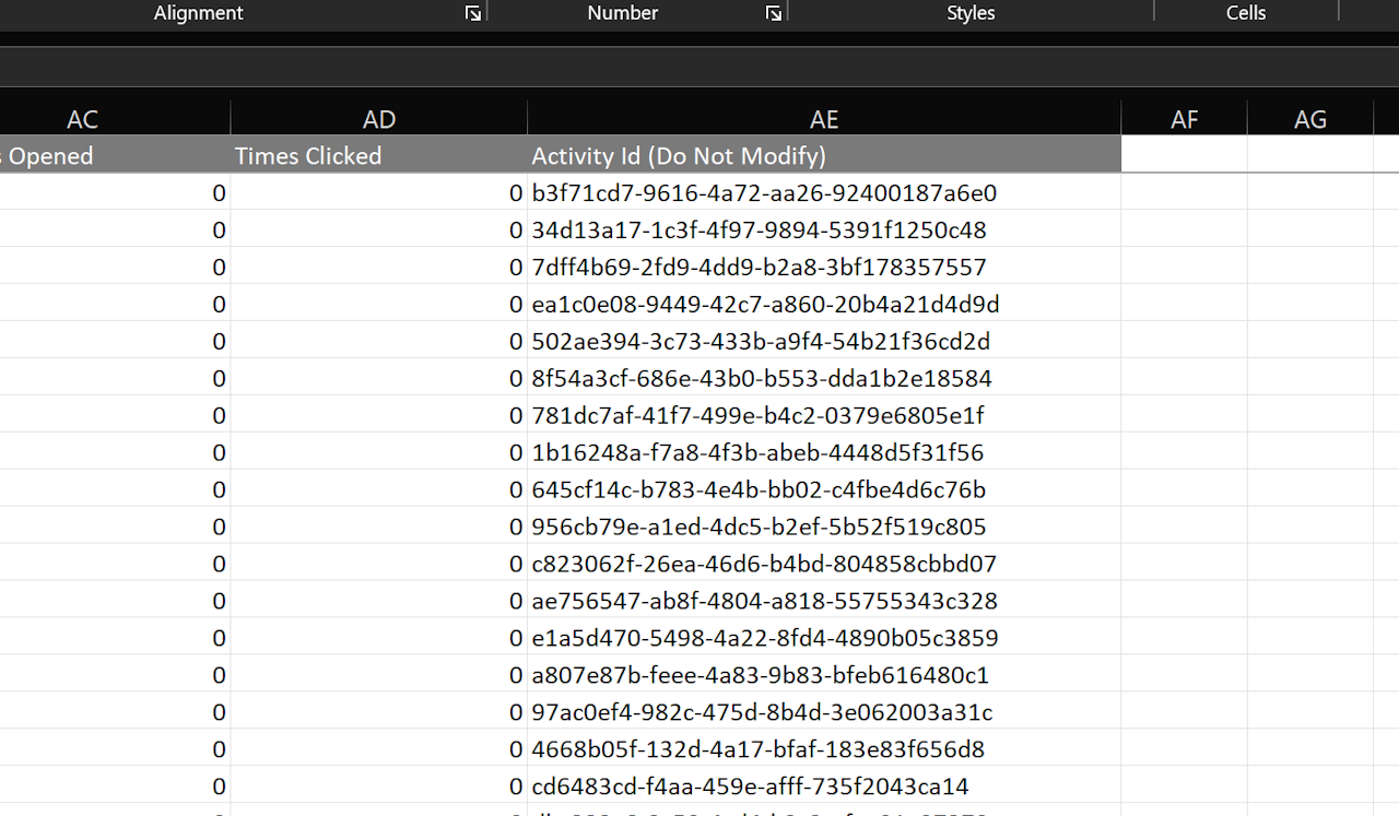 EXPORTED ACTIVITY REPORT SHOWING COLUMN AE WITH ACTIVITY ID (DO NOT MODIFY) HEADER - click to enlarge EXPORTED ACTIVITY REPORT SHOWING COLUMN AE WITH ACTIVITY ID (DO NOT MODIFY) HEADER