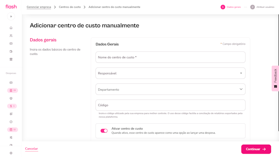 Imagem para adicionar centro de custo manualmente.