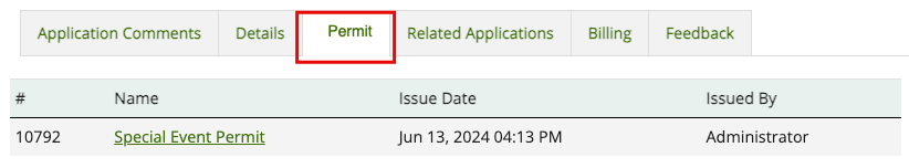 Image of the tabs at the top of an application with the Permit option selected. It also shows the link to the permit for this application.