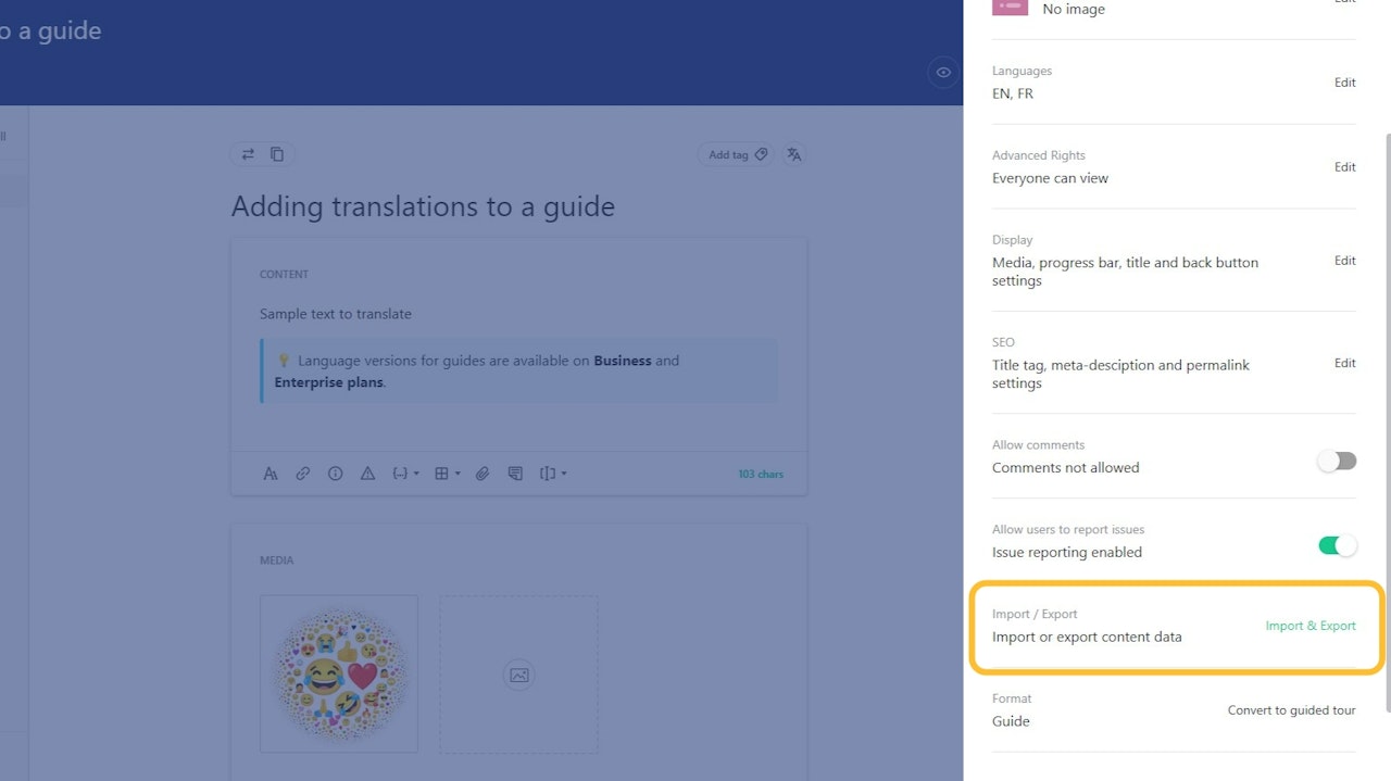 Guide editor's settings pane with the Import/Export options highlighted - click to enlarge Guide editor's settings pane with the Import/Export options highlighted