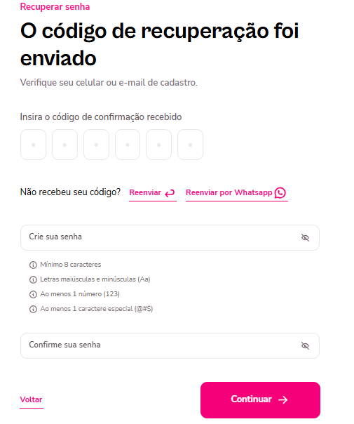 Imagem da tela de esqueci a senha com as opções de reenviar e reenviar por whatsapp.