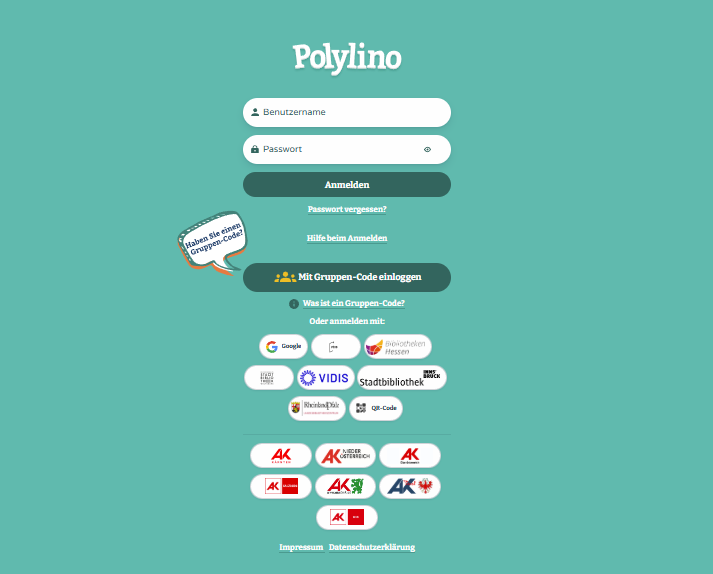 Polylino-Anmeldeseite - klicken Sie zum Vergrößern Polylino-Anmeldeseite