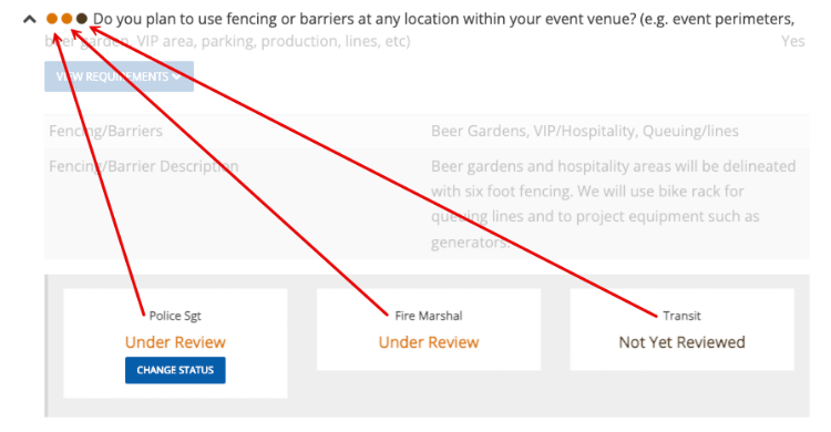 Open application section showing the individual review statuses for each agency, with arrows pointing to the corresponding dots.
