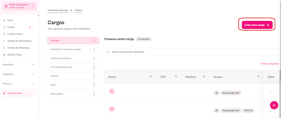 imagem da plataforma com destaque para o botão criar cargos.