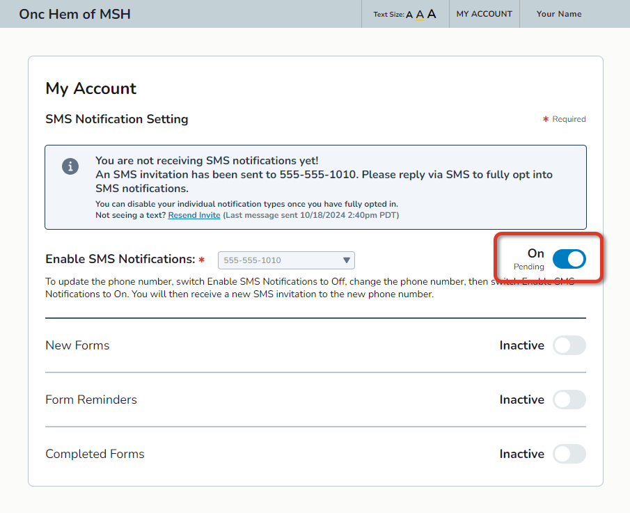 My Account with the SMS Notification preference pending Opt In - click to enlarge My Account with the SMS Notification preference pending Opt In