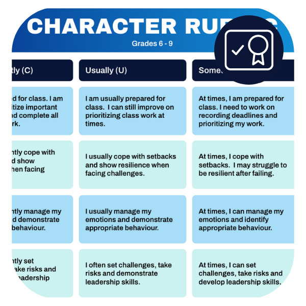 A rubric. The assessment icon used on the Ocean School website is in the top right corner of the image. This icon shows a certificate that includes a ribbon and a check mark. - click to enlarge A rubric. The assessment icon used on the Ocean School website is in the top right corner of the image. This icon shows a certificate that includes a ribbon and a check mark.