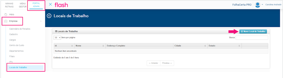 imagem da plataforma com destaque para as opções de locais de trabalho e novo local de trabalho.