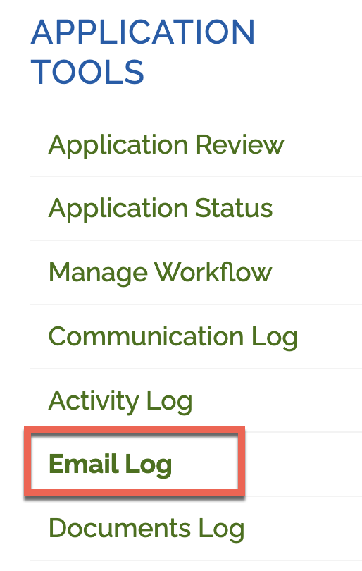 List of options under the Application Tools with the Email Log highlighted