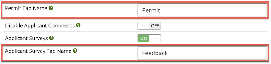 Shows the Permit Tab Name and Applicant Survey Tab Name fields, with both fields highlighted.
