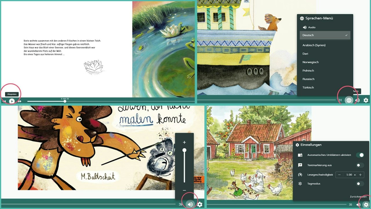 Audio abspielen und stoppen / Audio- bzw. Textsprache auswählen / Ton (de-)aktivieren / Automatisches Umblättern (de-)aktivieren / Textmarkierung ein oder aus / Lesegeschwindigkeiten einstellen / Tag- oder Nachtmodus - klicken Sie zum Vergrößern Audio abspielen und stoppen / Audio- bzw. Textsprache auswählen / Ton (de-)aktivieren / Automatisches Umblättern (de-)aktivieren / Textmarkierung ein oder aus / Lesegeschwindigkeiten einstellen / Tag- oder Nachtmodus