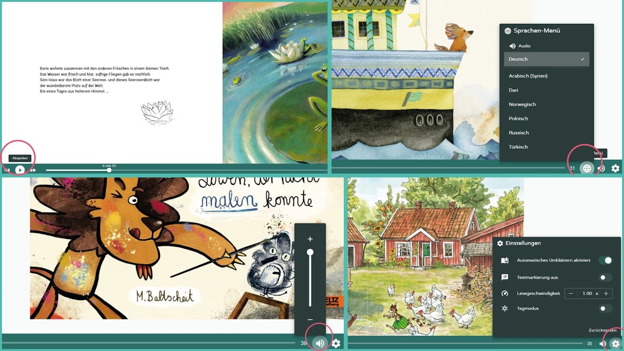 Audio abspielen und stoppen / Audio- bzw. Textsprache auswählen / Ton (de-)aktivieren / Automatisches Umblättern (de-)aktivieren / Textmarkierung ein oder aus / Lesegeschwindigkeiten einstellen / Tag- oder Nachtmodus - klicken Sie zum Vergrößern Audio abspielen und stoppen / Audio- bzw. Textsprache auswählen / Ton (de-)aktivieren / Automatisches Umblättern (de-)aktivieren / Textmarkierung ein oder aus / Lesegeschwindigkeiten einstellen / Tag- oder Nachtmodus