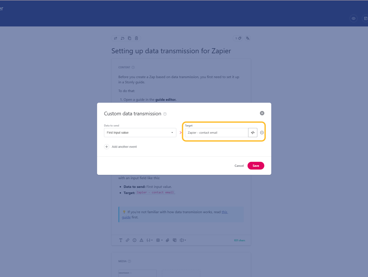 Data transmission menu with the Target option highlighted - click to enlarge Data transmission menu with the Target option highlighted