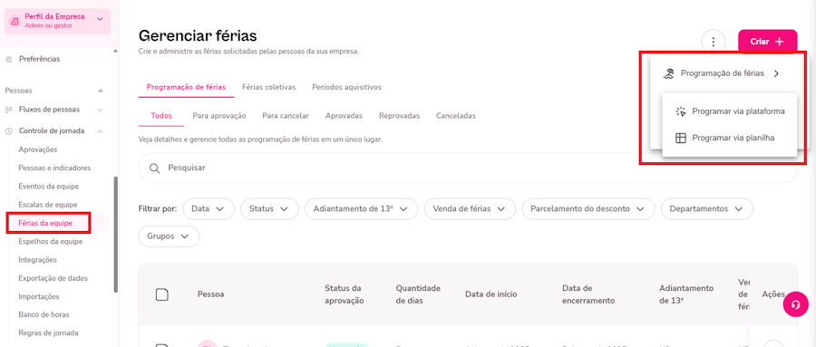 imagem da plataforma no menu de férias da equipe