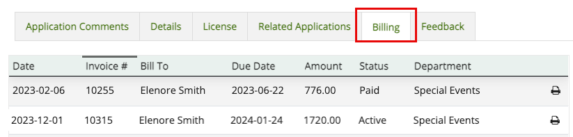 Image of the top row of tabs on an application with the Billing tab highlighted and 2 invoices listed.