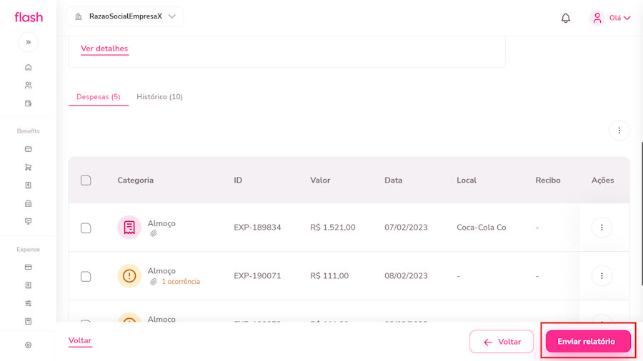 imagem da plataforma com destaque para o botão enviar relatório