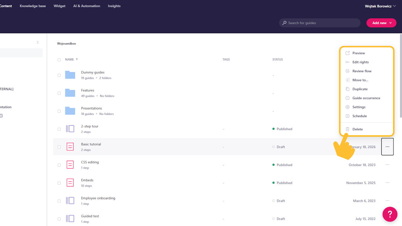 Options menu open next to an item in the content list. - click to enlarge Options menu open next to an item in the content list.