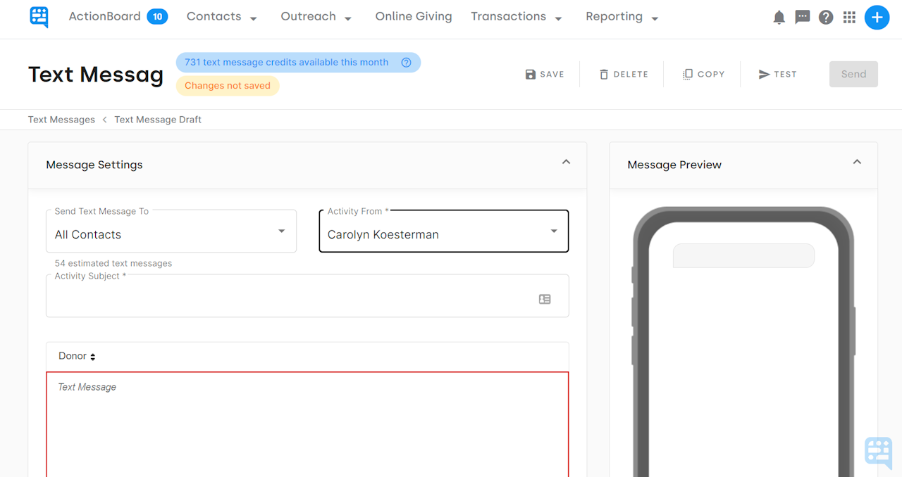DRAFT BULK TEXT SHOWING TO BE SENT TO ALL CONTACTS - click to enlarge DRAFT BULK TEXT SHOWING TO BE SENT TO ALL CONTACTS