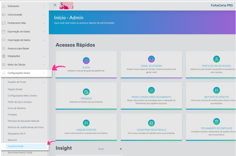 imagem da plataforma com destaque para o menu Usuários Kiosk