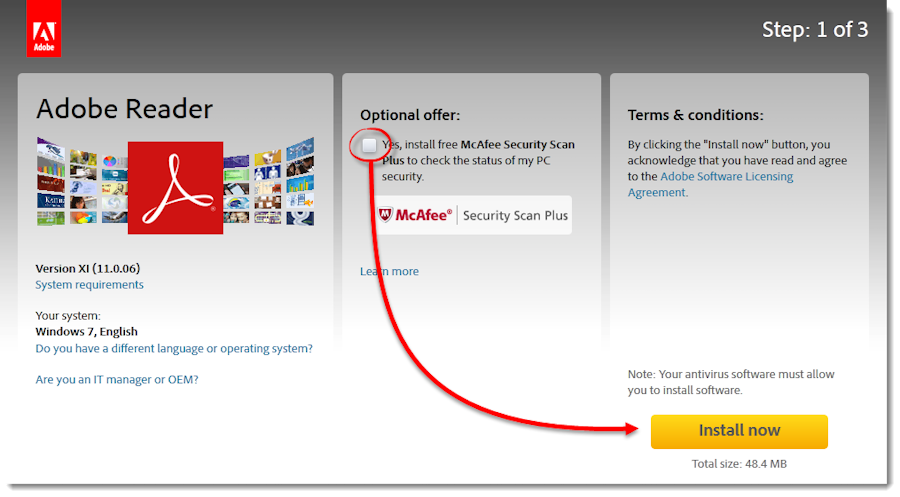 Uncheck the Optional offer box and click Install Now