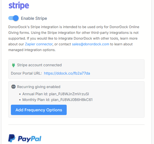 STRIPE FREQUENCY ADD OPTIONS BUTTON ON GIVING PAGE SETTINGS - click to enlarge STRIPE FREQUENCY ADD OPTIONS BUTTON ON GIVING PAGE SETTINGS