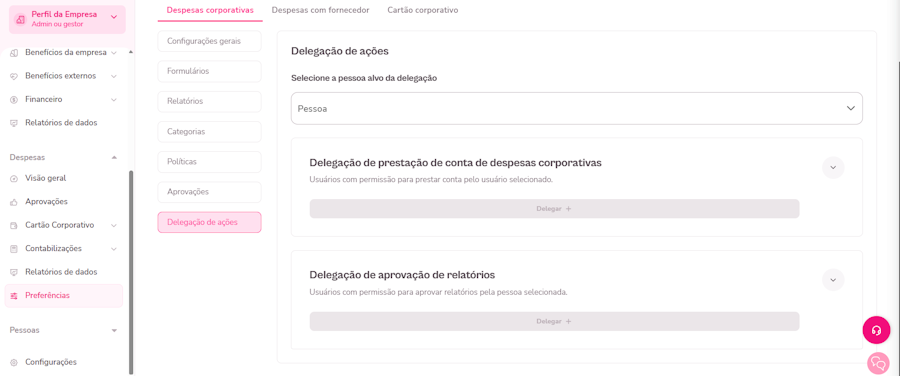 Imagem do menu de delegação de ações.