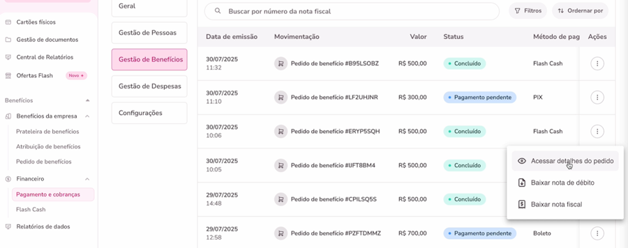 imagem da plataforma com o menu de beneficios selecionado e um relatório exemplo.