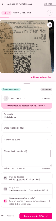 Gif exemplo da experiência para rateio de despesa via app
