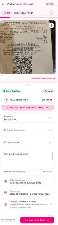 Gif exemplo da experiência para rateio de despesa via app