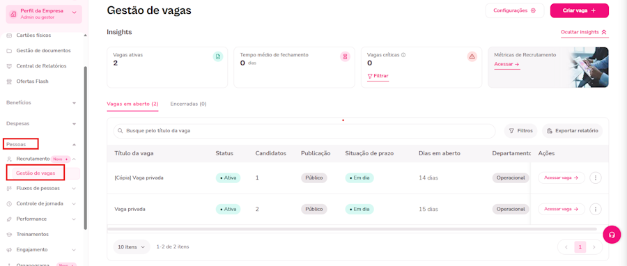 imagem da plataforma com destaque para o menu de Pessoas e a sessão de gestão de vagas