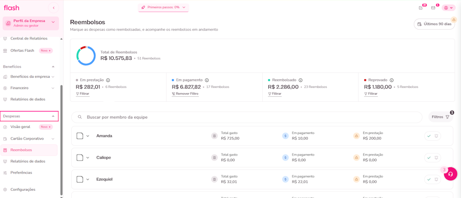 Acompanhar as solicitações de reembolso. Passo 1 e 2. Acesso a plataforma e utilização da barra de busca para localizar o colaborador