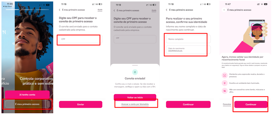Imagem mostra o passo a passo para realizar o primeiro acesso através da biometria.