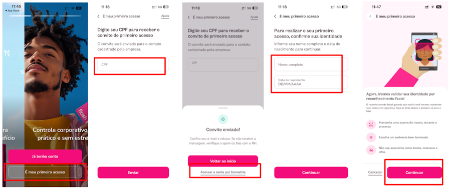 Imagem mostra o passo a passo para realizar o primeiro acesso através da biometria.