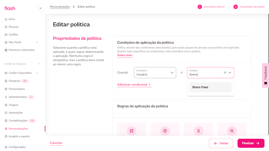 Tela de edição da política com condições
