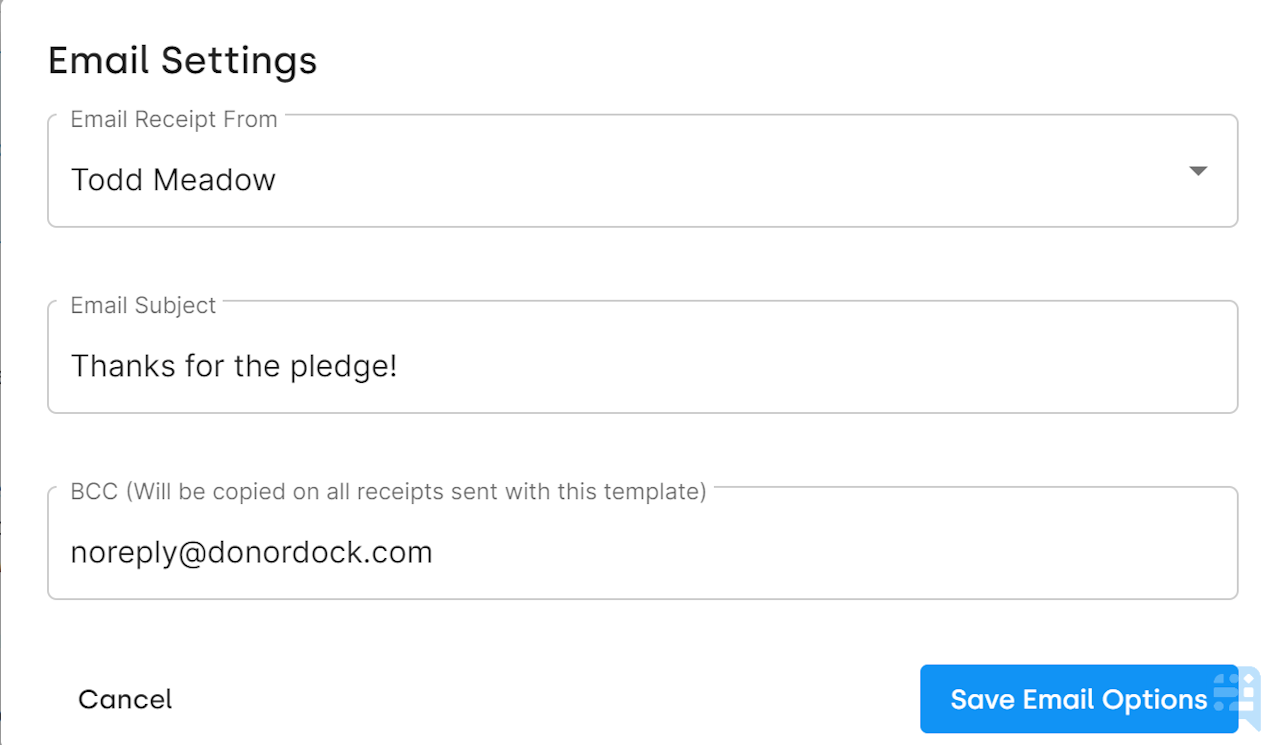 EMAIL SETTINGS BOX WITH FIELDS FOR EMAIL RECEIPT FROM, EMAIL SUBJECT, AND BCC - click to enlarge EMAIL SETTINGS BOX WITH FIELDS FOR EMAIL RECEIPT FROM, EMAIL SUBJECT, AND BCC