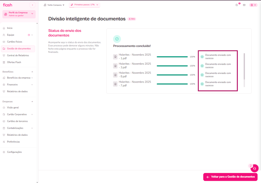 imagem com destaque para alguns status de documentos enviados
