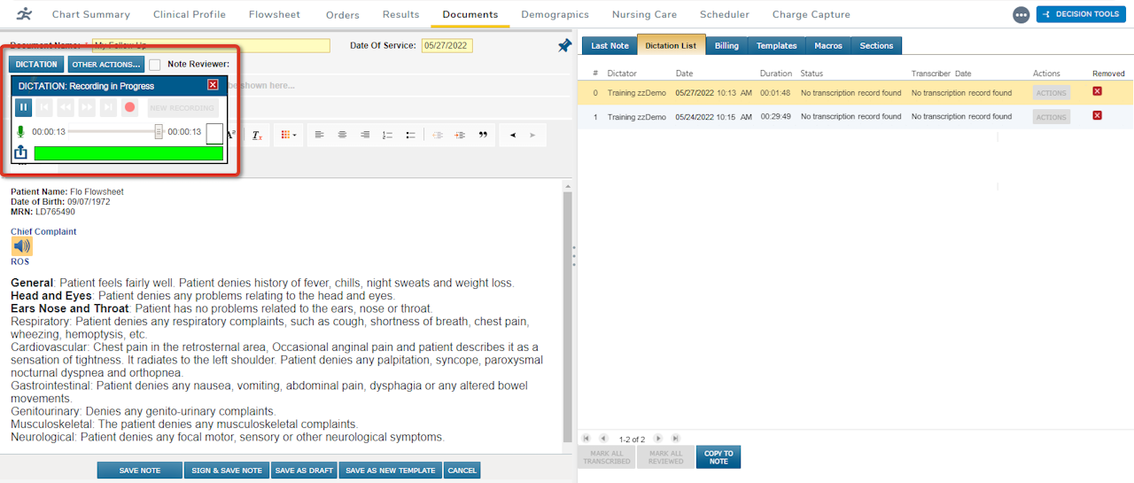 The Note editor with the Dictation List tab selected and with the Dictation tool open and highlighted - click to enlarge The Note editor with the Dictation List tab selected and with the Dictation tool open and highlighted