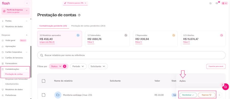 imagem com destaque para o menu de ações na aba de prestação de contas.