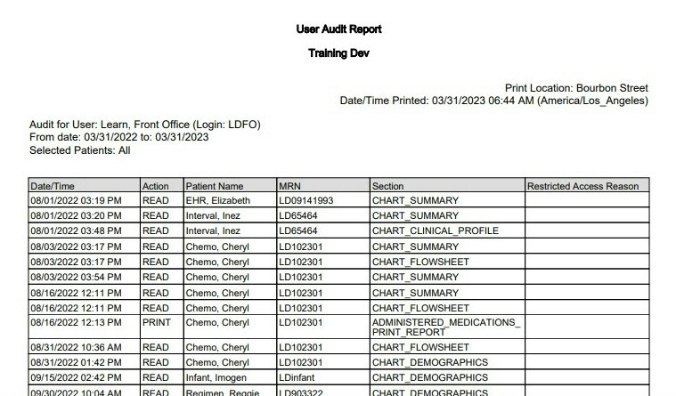 An example of a printed User Audit Report - click to enlarge An example of a printed User Audit Report