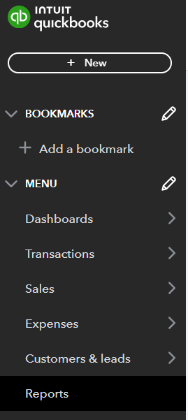 INTUIT QUICKBOOKS MENU OPTIONS, INCLUDING REPORTS - click to enlarge INTUIT QUICKBOOKS MENU OPTIONS, INCLUDING REPORTS
