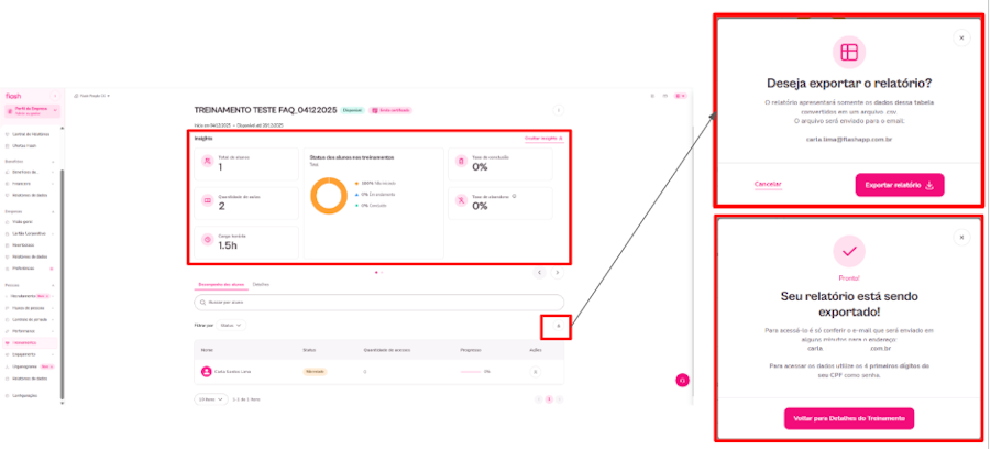 imagem da plataforma com o passo a passo para exportar um relatório