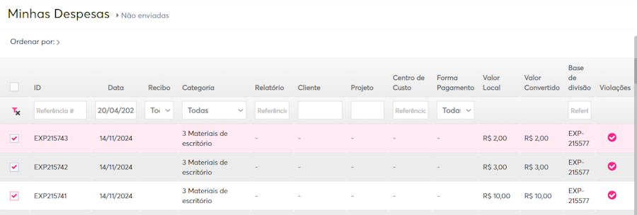 imagem da plataforma com despesas exemplos selecionadas