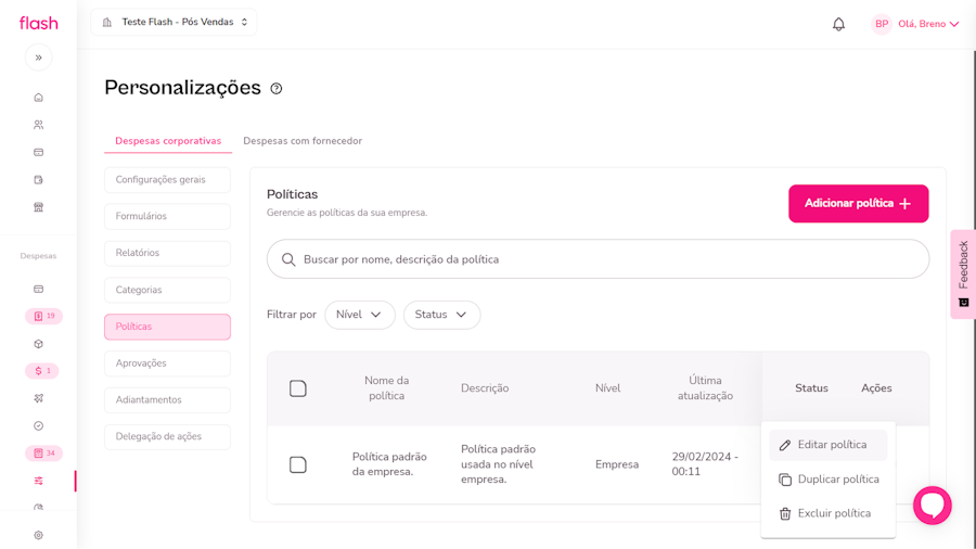 imagem do menu de política com a opção de editar política indicada