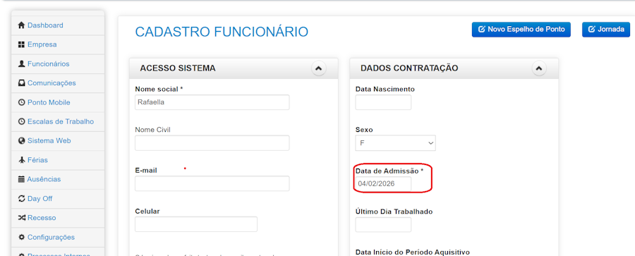 imagem da plataforma com destaque para o campo de data de admissão
