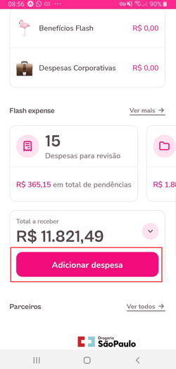 imagem do aplicativo com destaque para o botão lançar despesa