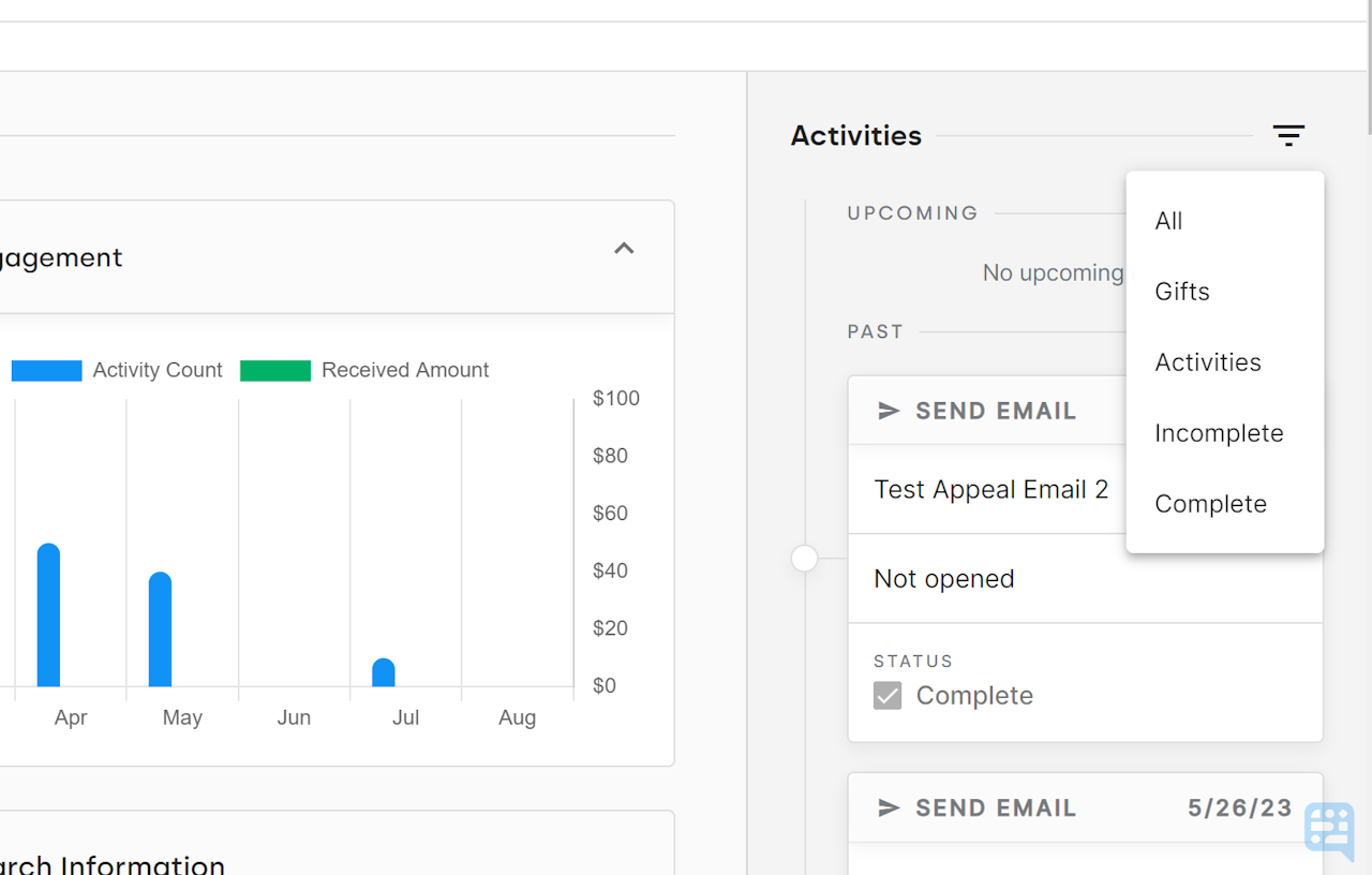 GIFT AND ACTIVITIES TIMELINE ON EXAMPLE CONTACT SHOWING ONLY ACTIVITIES - click to enlarge GIFT AND ACTIVITIES TIMELINE ON EXAMPLE CONTACT SHOWING ONLY ACTIVITIES