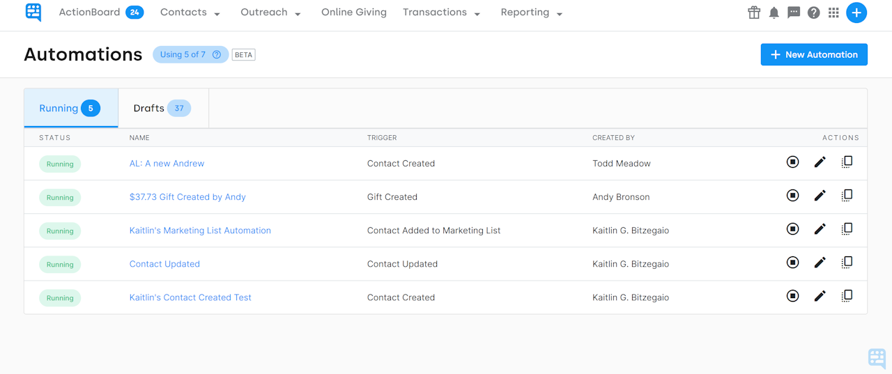 AUTOMATIONS INBOX WITH RUNNING AND DRAFT AUTOMATION VIEWS - click to enlarge AUTOMATIONS INBOX WITH RUNNING AND DRAFT AUTOMATION VIEWS