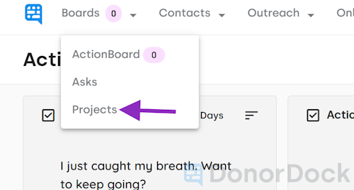 Projects option in Board menu