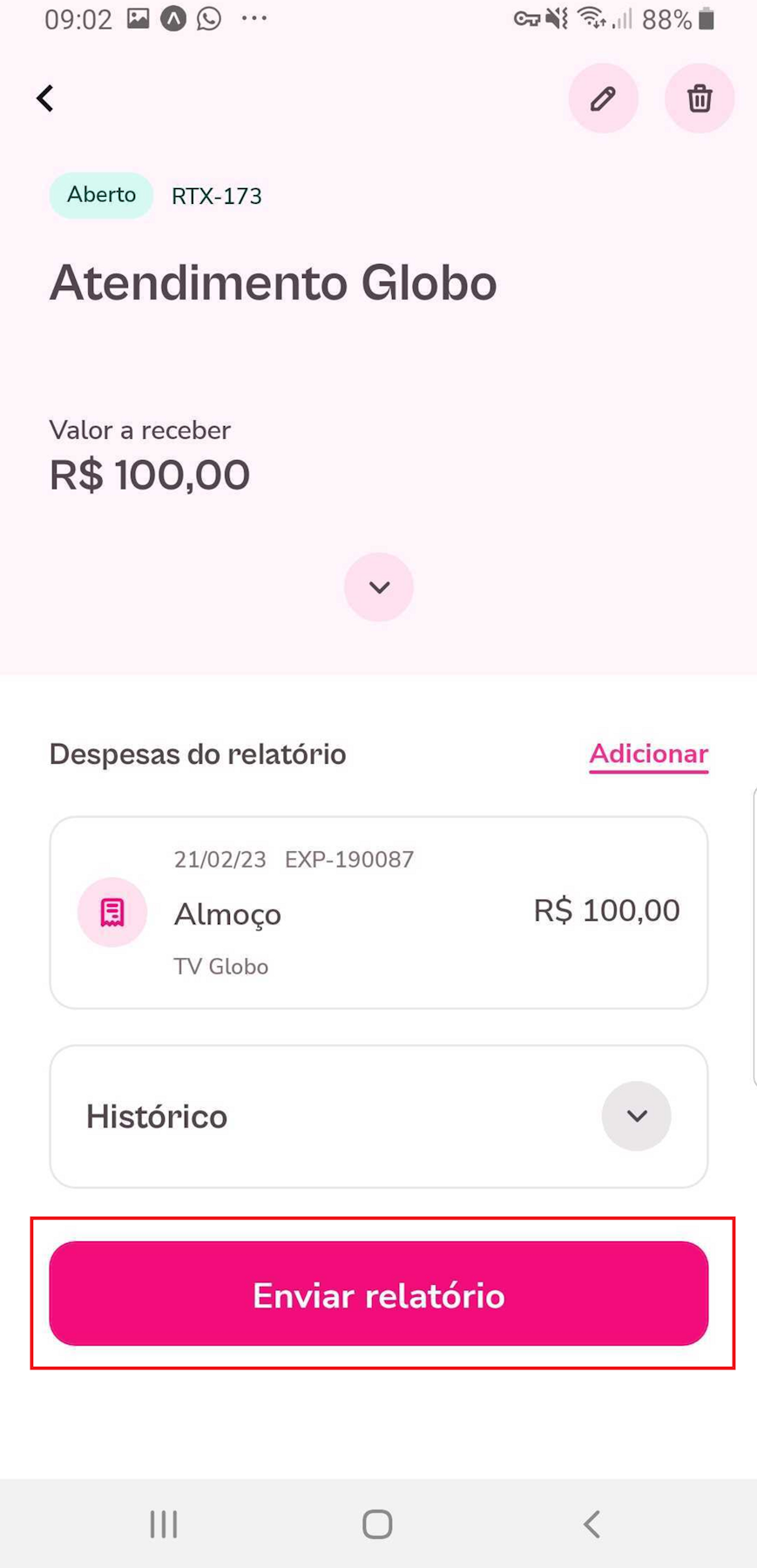 imagem do aplicativo com destaque para o botão enviar relatório